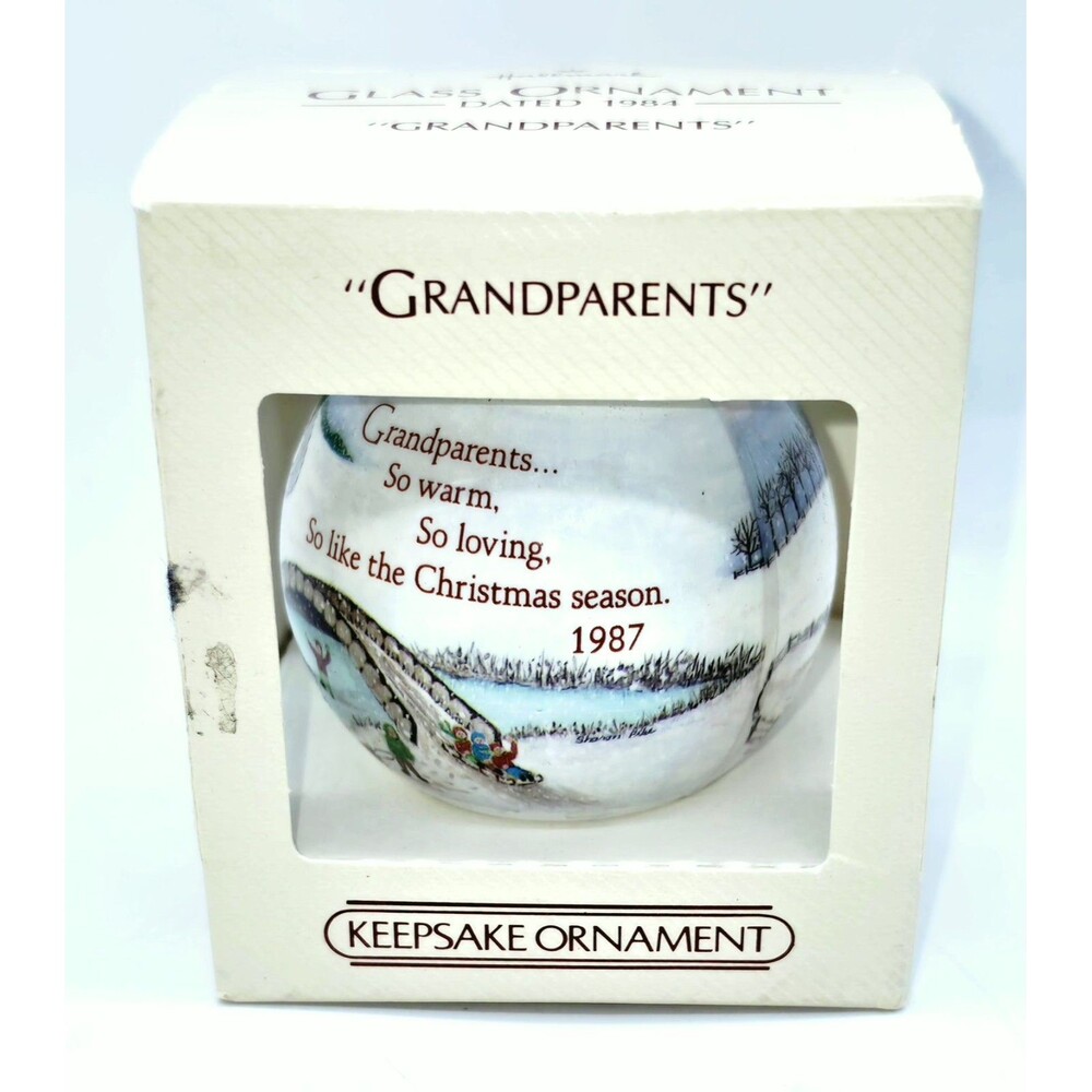 Vintage 1984 Hallmark Keepsake Glass Ornament Grandparents Sledding In Box QX256